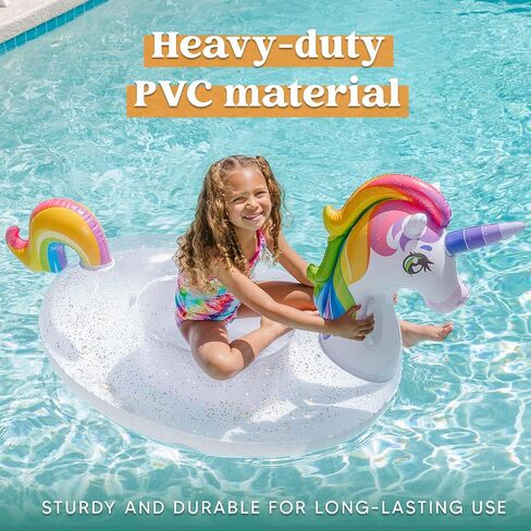 JOYIN Unicorn Pool Float Kids - Inflatable Rainbow Unicorn Floaty with Glitters Fun Pool Floats, Ride On Unicorn Beach Lake Floaties Raft Lounge, Party in Summer Decorations Pool Toys for Kids in Saudi Arabia