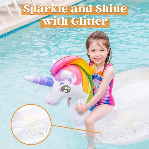 JOYIN Unicorn Pool Float Kids - Inflatable Rainbow Unicorn Floaty with Glitters Fun Pool Floats, Ride On Unicorn Beach Lake Floaties Raft Lounge, Party in Summer Decorations Pool Toys for Kids in Saudi Arabia