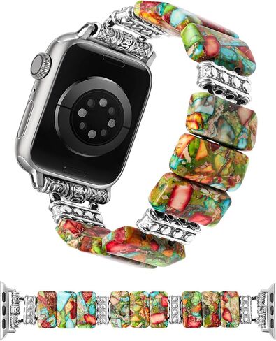 Moolia Natural Stone Bracelet Compatible with Apple Watch Band 41/40/38/42/44/45/49mm Women, Handmade Elastic Solo Loop Beaded Western Vintage Strap for iWatch Series 9 8 7 6 5 4 3 2 1 SE/Ultra in Saudi Arabia