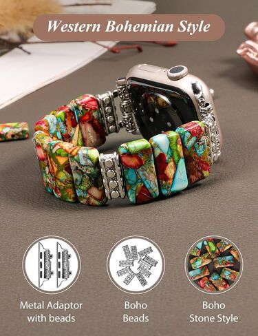 Moolia Natural Stone Bracelet Compatible with Apple Watch Band 41/40/38/42/44/45/49mm Women, Handmade Elastic Solo Loop Beaded Western Vintage Strap for iWatch Series 9 8 7 6 5 4 3 2 1 SE/Ultra in Saudi Arabia