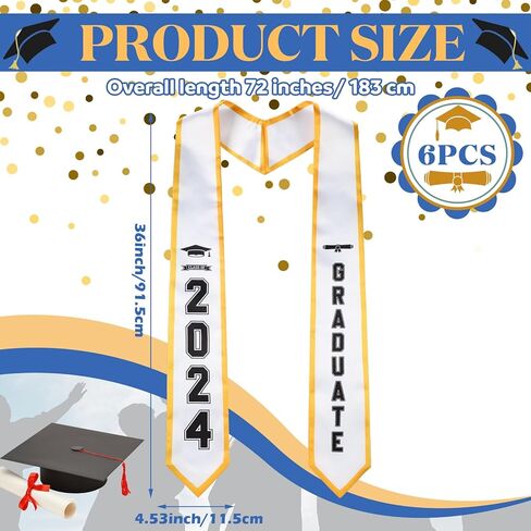 6 قطع من وشاح التخرج من Haull للجنسين للبالغين كلاسيكي الشرف سرق نهاية بزاوية مع زخرفة مطبوعة وشاح التخرج من فئة 2024 لمستلزمات حفلات التخرج، بطول 182.88 سم (أبيض) in Kuwait
