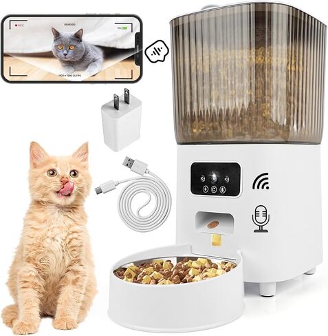 مغذيات القطط الأوتوماتيكية 5 لتر، وحدة تغذية القطط الموقوتة، الطعام الجاف، وحدة تغذية القطط الأوتوماتيكية مع موزع طعام بكاميرا للرؤية الليلية 1080 بكسل مع جدول زمني مخصص (يدعم فقط 2.4 جيجا واي فاي) in Kuwait