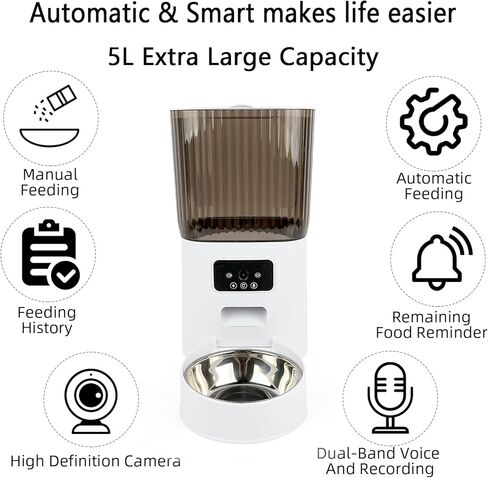 مغذيات القطط الأوتوماتيكية 5 لتر، وحدة تغذية القطط الموقوتة، الطعام الجاف، وحدة تغذية القطط الأوتوماتيكية مع موزع طعام بكاميرا للرؤية الليلية 1080 بكسل مع جدول زمني مخصص (يدعم فقط 2.4 جيجا واي فاي) in Kuwait