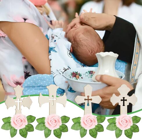 ويسات 16 مجموعة صلبان خشبية لقطع مركزية للمعمودية اليدوية للطاولات، صليب خشبي واقف مع قاعدة وزهور صناعية، ورود وهمية، قطع مركزية للمناولة الأولى لديكور منزل الزفاف (خشبي) in Saudi Arabia