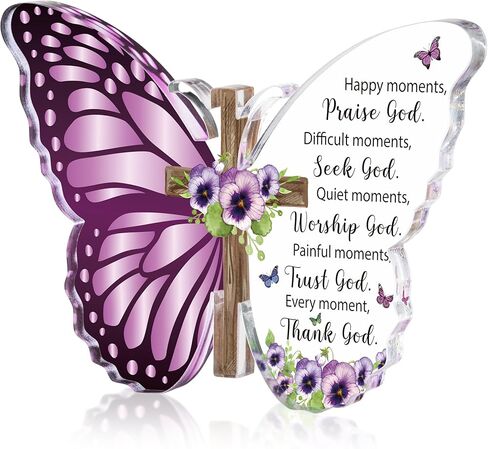 JAPBOR Acrylic Christian Religious Gifts - Bible Verses God Faith Inspirational Scripture Present for Women Men, Serenity Butterfly Cross Prayer Decor Christian Keepsake Decoration (God Thinks of You) in Saudi Arabia