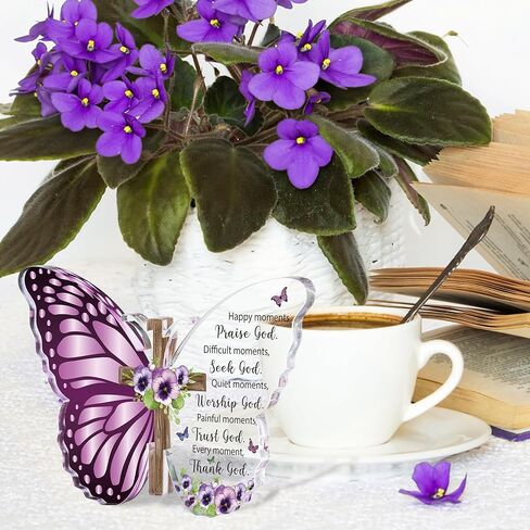 JAPBOR Acrylic Christian Religious Gifts - Bible Verses God Faith Inspirational Scripture Present for Women Men, Serenity Butterfly Cross Prayer Decor Christian Keepsake Decoration (God Thinks of You) in Saudi Arabia