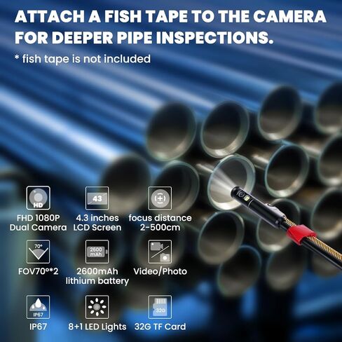 Dual Lens Borescope, Endoscope Camera with Light, 1080P Sewer Camera with 4.3 Inch LCD Screen, Inspection Camera IP67 Waterproof Lens, Tools for Men, Adjustable LED, 16.5FT Cable, 32GB TF Card in Saudi Arabia