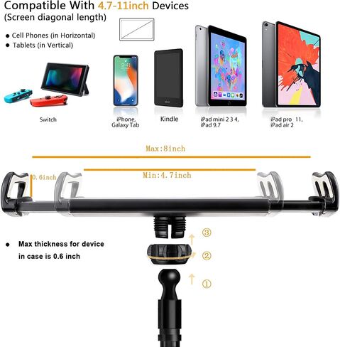 حامل هاتف تابلت SRMATE Gooseneck، حامل تابلت مع مشبك مرن طويل الذراع لهواتف iPhone، iPad، Switch، Samsung Galaxy Tabs، Kindle Fire لمكتب السرير، 30 بوصة (أسود) in Kuwait