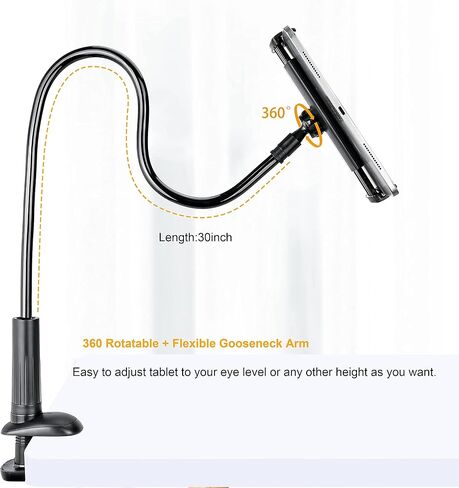 حامل هاتف تابلت SRMATE Gooseneck، حامل تابلت مع مشبك مرن طويل الذراع لهواتف iPhone، iPad، Switch، Samsung Galaxy Tabs، Kindle Fire لمكتب السرير، 30 بوصة (أسود) in Kuwait