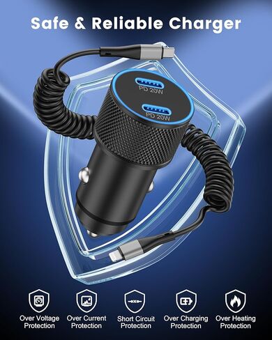 شاحن سيارة iPhone سريع، محول شاحن سيارة USB C مزدوج 40 وات من WIDAQUO ولاعة سجائر وكابل شحن ملفوف USB-C إلى Lightning بطول 6 أقدام قابل للسحب لهاتف iPhone 14/13/12/11/Pro Max، X/Xs/XR/SE/iPad in Kuwait