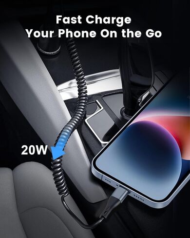 شاحن سيارة iPhone سريع، محول شاحن سيارة USB C مزدوج 40 وات من WIDAQUO ولاعة سجائر وكابل شحن ملفوف USB-C إلى Lightning بطول 6 أقدام قابل للسحب لهاتف iPhone 14/13/12/11/Pro Max، X/Xs/XR/SE/iPad in Kuwait
