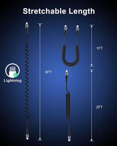 شاحن سيارة iPhone سريع، محول شاحن سيارة USB C مزدوج 40 وات من WIDAQUO ولاعة سجائر وكابل شحن ملفوف USB-C إلى Lightning بطول 6 أقدام قابل للسحب لهاتف iPhone 14/13/12/11/Pro Max، X/Xs/XR/SE/iPad in Kuwait