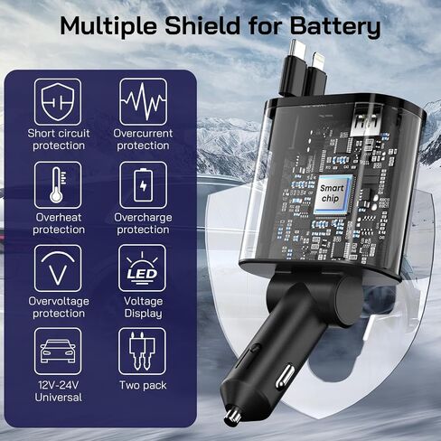 [2 Pack] Retractable Car Charger 4 in 1 Fast Car Phone Charger 69W, Type C Car Charger Adapter with 2X Retractable Phone Charger Cables and 2X USB Ports for iPhone 15/14/13/12, Samsung S24/S23,Google in Saudi Arabia