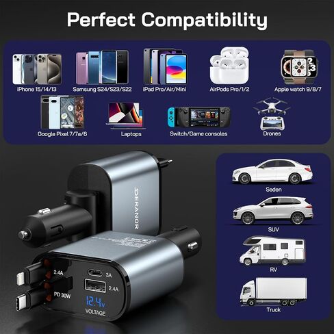 [2 Pack] Retractable Car Charger 4 in 1 Fast Car Phone Charger 69W, Type C Car Charger Adapter with 2X Retractable Phone Charger Cables and 2X USB Ports for iPhone 15/14/13/12, Samsung S24/S23,Google in Saudi Arabia