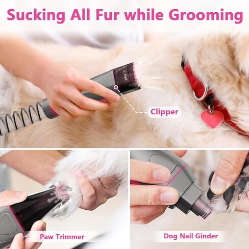 XiaZ Dog Grooming Kit Pet Hair Dryer/Vacuum/Nail Clipper/Massage Comb/Nail Grinder/Paw Trimmer All-in-One 15kpa Blow/Suck Trim Clean Pet's Hair 2L Cup/10 Grooming Tools Low-Noise for Dogs Cats-Red in Kuwait