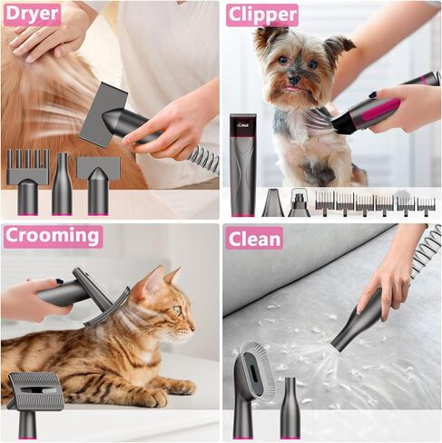 XiaZ Dog Grooming Kit Pet Hair Dryer/Vacuum/Nail Clipper/Massage Comb/Nail Grinder/Paw Trimmer All-in-One 15kpa Blow/Suck Trim Clean Pet's Hair 2L Cup/10 Grooming Tools Low-Noise for Dogs Cats-Red in Kuwait