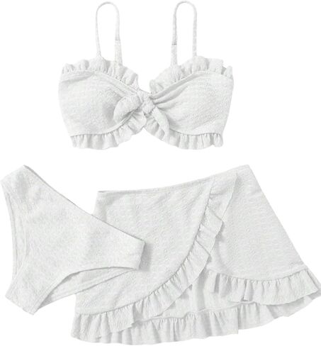 RoseSeek Girl's 3 Piece Bikini Set Knot Front Cute Swimsuit Bathing Suit with Ruffle Trim Frill Wrap Beach Skirt Cover Up Set in Saudi Arabia