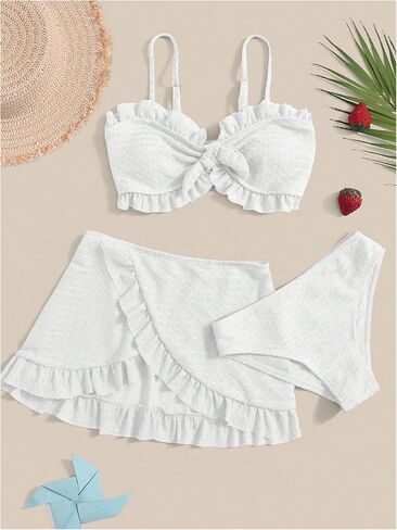 RoseSeek Girl's 3 Piece Bikini Set Knot Front Cute Swimsuit Bathing Suit with Ruffle Trim Frill Wrap Beach Skirt Cover Up Set in Saudi Arabia