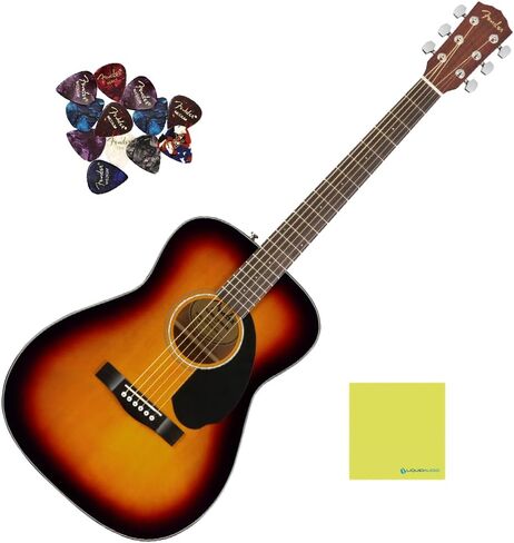 لوحة أصابع من خشب الجوز للجيتار الصوتي من Fender CC-60S، حزمة من 3 ألوان Sunburst مع 12x من ريش جيتار Fender وقطعة قماش لتلميع الأدوات الصوتية السائلة in Saudi Arabia