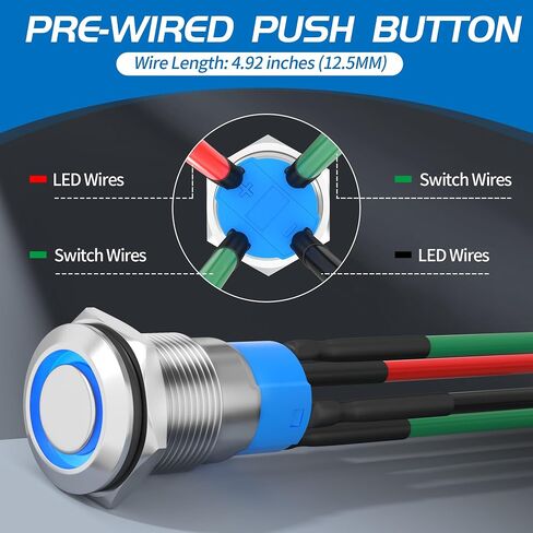DaierTek 12 مم مفتاح زر ضغط 12 فولت مفتاح ضغط 12 فولت غلاف فضي أزرق LED مضاء مقاوم للماء زر ضغط بحري سلكي مسبقًا 4 دبابيس مفتاح إغلاق - 5 قطع in Saudi Arabia