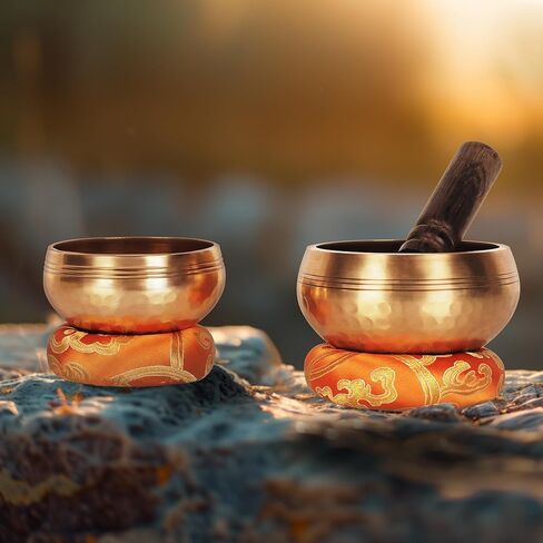 Tibetan Singing Bowl Set 2 Sound Bowls 3.7 inches & 3.15 inches Mindfulness, and Stress Relief zen decor Meditation Singing Bowl is Suitable for Meditation, Yoga, Healing and Silent Mind in Kuwait
