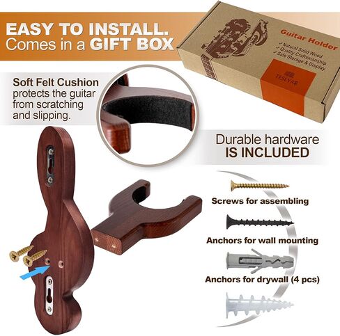 TESLYAR Guitar Holder Wall Mount Ash Wood Wooden Guitar Hanger Hook Stand Rack Guitar Hanger for Electric Classic Acoustic and Bass Guitar Musical Instruments Hardwood (Mahogany) in Kuwait