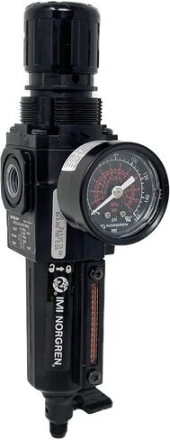 مرشح/منظم مجموعة Norgren Excelon، 1/4 بوصة NPT، ضبط المقبض، تصريف تلقائي، وعاء معدني طويل، 40 ميكرون، تخفيف، 5-150 رطل لكل بوصة مربعة، مع مقياس in Kuwait