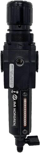 مرشح/منظم مجموعة Norgren Excelon، 1/4 بوصة NPT، ضبط المقبض، تصريف تلقائي، وعاء معدني طويل، 40 ميكرون، تخفيف، 5-150 رطل لكل بوصة مربعة، مع مقياس in Kuwait