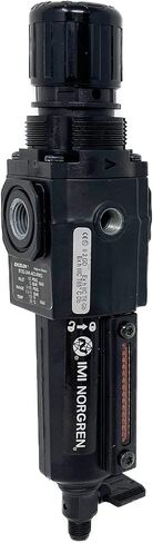 مرشح/منظم مجموعة Norgren Excelon، 1/4 بوصة NPT، ضبط المقبض، تصريف تلقائي، وعاء معدني طويل، 40 ميكرون، تخفيف، 5-150 رطل لكل بوصة مربعة، مع مقياس in Kuwait