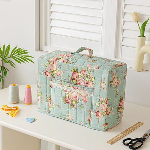 غطاء ماكينة الخياطة بنقشة الزهور من Boho، غطاء غبار من القماش المبطن مع جيوب لمعظم ماكينات الخياطة القياسية وملحقاتها (أزرق، 43 سم) in Kuwait
