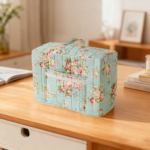 غطاء ماكينة الخياطة بنقشة الزهور من Boho، غطاء غبار من القماش المبطن مع جيوب لمعظم ماكينات الخياطة القياسية وملحقاتها (أزرق، 43 سم) in Kuwait