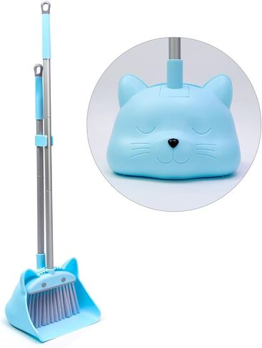 28'' Kids Mini Broom and Dustpan Set - Toddler Cleaning Toy, Toddler Household Helper, Parent-Child Interactive Play Cleaning Tool, Cute Cartoon Design, Small Safe Corner Broom (Blue Bubble) in Kuwait
