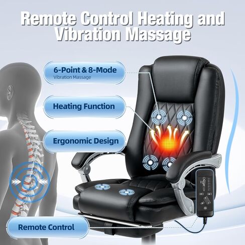 Massage Office Chair with Foot Rest, 400 LBS Ergonomic Executive Chair, High Back Reclining Leather Desk Chair with 135° Recline, 6-Point Vibration and Heat, Plush in Kuwait