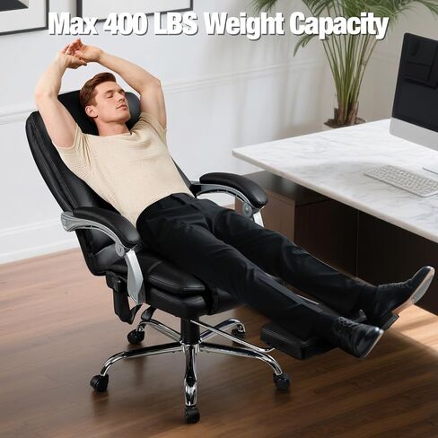 Massage Office Chair with Foot Rest, 400 LBS Ergonomic Executive Chair, High Back Reclining Leather Desk Chair with 135° Recline, 6-Point Vibration and Heat, Plush in Kuwait