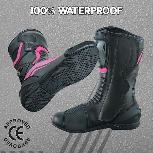 Women’s Motorcycle Boots CE Certified (EN 13634:2017) – Waterproof Genuine Leather Riding Shoes with YKK Zipper Sole Women Foot Protective Footwear in Saudi Arabia