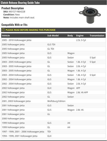 أنبوب دليل محمل إصدار القابض مع ختم العمود الرئيسي - متوافق مع 1994-2010 Volkswagen Jetta in Kuwait