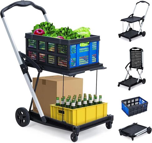 Portable Grocery Cart - 2 Tier Folding Grocery Carts (198 LB Capacity), Collapsible Shopping Cart on Wheels with Removable Crate, Lightweight 2-Tier Foldable Shopping Trolley in Saudi Arabia