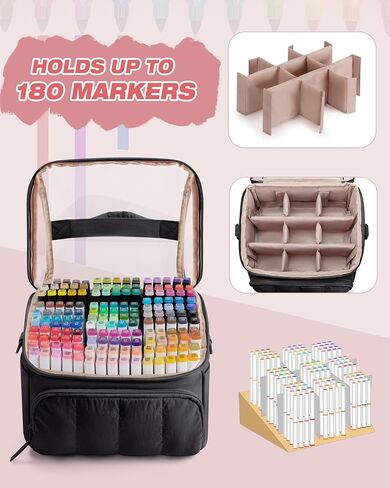 Quilted Marker Organizer Case Holds 180 Markers, Marker Storage Organizer Bag with Dividers and Multiple Pockets (Bag Only), Black in Saudi Arabia
