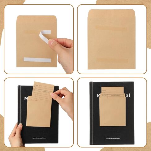 Fainne 100 Pieces Library Card Pocket with Envelopes Self Adhesive Book Library Checkout Cards for Cds Dvds School Classroom Office Supplies and Gift Tag (Brown) in Kuwait