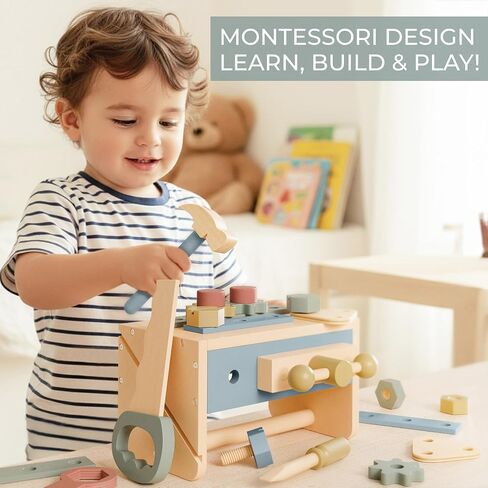 Stylish Wooden Tool Set for Toddlers - Durable Montessori Tool Box Kit with Hammer for Boys & Girls 2-5 Years - Fun Christmas Toy Gift for Kids with 30+ Safe Tools for Creative Play in Saudi Arabia