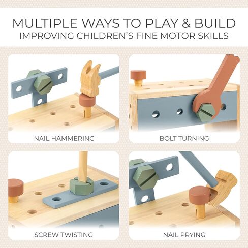 Stylish Wooden Tool Set for Toddlers - Durable Montessori Tool Box Kit with Hammer for Boys & Girls 2-5 Years - Fun Christmas Toy Gift for Kids with 30+ Safe Tools for Creative Play in Saudi Arabia
