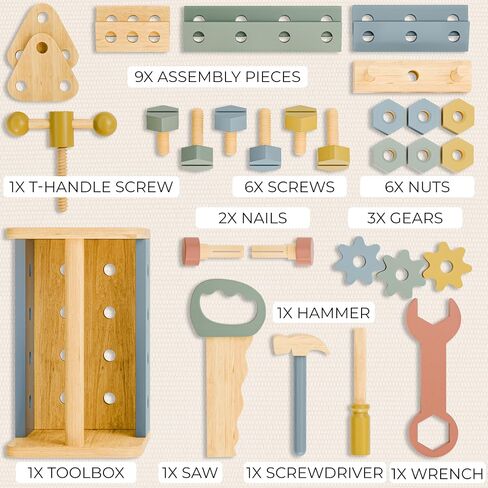 Stylish Wooden Tool Set for Toddlers - Durable Montessori Tool Box Kit with Hammer for Boys & Girls 2-5 Years - Fun Christmas Toy Gift for Kids with 30+ Safe Tools for Creative Play in Saudi Arabia