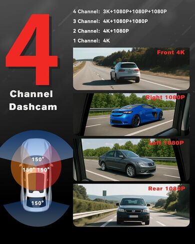 CATCATCH 4 Channel Dash Cam 360° View,4K Front and Rear Dash Camera for Cars,WDR Night Vision,Smart Voice Control,Built-in WiFi&GPS,G-Sensor,24H Parking Mode,Free 64GB SD Card,Suction Cup in Saudi Arabia