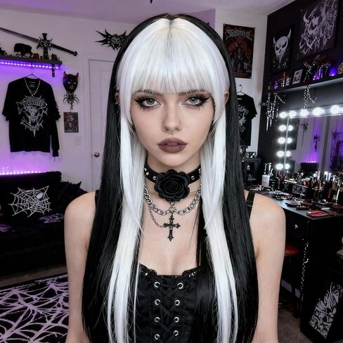Fugady Half Black White Wig with Bangs Women Girls Short Curly Wavy Wig Black and White Hair Wigs Halloween Cosplay Costume Party Wig in Saudi Arabia