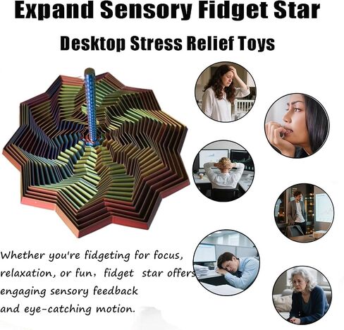 3D Printed Expanded Sensory Fidget Star，Stress-Relief Spinning Tower Toy with Handle Frustration Star Toy, for Office desks as a Stress-Relief Gifts (Red-Blue-Cyan, L-25rings) in Saudi Arabia
