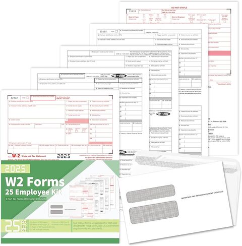 نماذج W2 2025، نماذج ضرائب W2 2025 مع مظاريف، 6 نماذج ضرائب W2 جزء 2025، 25 مجموعة الموظفين من نماذج الليزر مع 3 W-3 إرسال، 25 مظروفًا ذاتي الختم متضمن in Kuwait