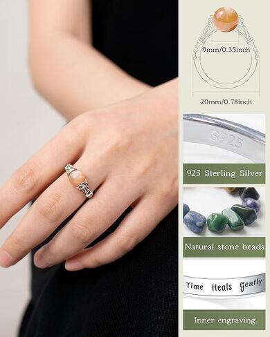 خاتم دوار لتخفيف الضغط - خاتم من الفضة الإسترلينية 925 من الأحجار الكريمة الطبيعية مع الجمشت وضوء القمر والسج والعقيق وتخفيف القلق من الكريستال هدية مجوهرات علاجية للنساء والأم والابنة in Kuwait