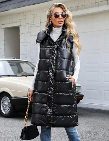 سترة منتفخة طويلة من Yusongirl سترات نسائية مبطنة للأسفل بدون أكمام سترة منتفخة بسحاب معاطف شتوية ملابس خارجية للخريف in Kuwait