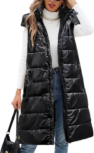 سترة منتفخة طويلة من Yusongirl سترات نسائية مبطنة للأسفل بدون أكمام سترة منتفخة بسحاب معاطف شتوية ملابس خارجية للخريف in Kuwait
