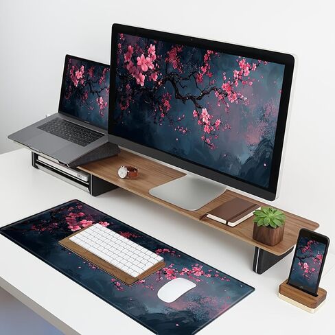Cherry Blossom Gaming Mouse Pad Extended Big Desk Pad Pink Flower Mousepad with Non-Slip Base and Stitched Edges for Work Gaming Office-11.8 x 31.5 in in Saudi Arabia